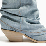 New Blue Denim Knee High Boots Women Pointed Toe Thick Heels Western Boots Woman Pleated Pull-On Long Cowboy Botas