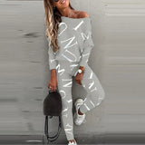 Sportswear Women Fashion Casual Solid Fit One Shoulder Top Long Pants Set Long Sleeve Top & High Waist Drawstring Pants