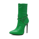 Ankle Boots Women 12cm High Heels 2023 PU Fashion Autumn Winter Large Size 34-48 Pointed Toe Rivets Decorate