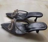 Summer New Sandals Female Blue Rhinestone Bow Dew With High Heel Muller Shoe Tip With Rear Sandal