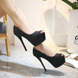Fashion Sequins Fashion Sexy Nightclub Fish Mouth Ultra High Heel Waterproof Platform Shallow Mouth Women's Singles Shoes