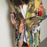 Casual Loose Print Colorblock Blazer Female Notched Long Sleeve Korean Fashion Jacket For Women 2022 Spring