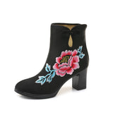 Breakj Boots Ankle Boots Embroidered Cloth Shoes Spring High Heels Velvet Canvas Thick Heel Plus Size Short Leg