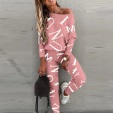Sportswear Women Fashion Casual Solid Fit One Shoulder Top Long Pants Set Long Sleeve Top & High Waist Drawstring Pants