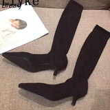 New Fashion Pointed Toe Thigh High Sock Boots Women Knitting Stretch Fabric Casual Low Thin Heels Over The Knee Shoes
