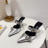 Breakj New Pointed Belt Buckle Single Heel Women's Head Silver Back High Heel Sandals