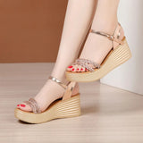 High-Heeled Sandals Women's Gold 2023 Summer Muffin Thick Soles Bright Diamond Large-Size Buckle