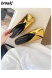 New Arrival Gold Outer Wear Slippers Women Fashion Slip On Square Toe Stiletto Mules Comfortable Heel Slide For Party