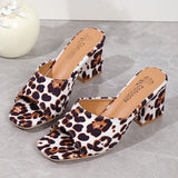 Breakj Summer New Large Women's Shoes Square High Heel Slippers Women Leopard Print Coarse Sandals