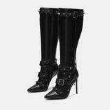 Breakj / Winter 2024 New Versatile Pointed Rivet Boots Thin Heel Ultra High Heel Side Zipper Long Tube Large Size Women's