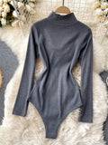 Women Knitted Bodysuits Autumn Sexy Club Outfits Zip-up Stand Collar Long Sleeve Hollow Out Slim Body Tops