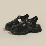 Roman Sandals Women's Summer Thick Soles And High Heels Hollowed-Out Black Leather Shoes Mary Jane Love Shoes Single