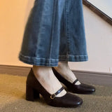Jane High Heels Women's Fall 2023 New Thick Heel Square Head Black Small Leather Shoes With Shallow Single