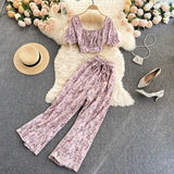 Summer Women Holiday Style Chiffon Printing Two Piece Set Short Shirt High Waist Wide Leg Pants Ladies Idyllic Style