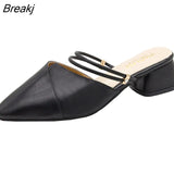 Party Women Mules Slipper Pointed Toe Block Strap Closed Shallow High Heels Shoes Sandals Black Beige Square heel