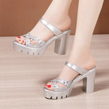Summer New Style Wearing High-Heeled Sandals, Women's Thick-Soled Waterproof Table, Thick Heels, Fish Mouth, Large Size Silver Sequined