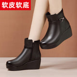 Heel Soft Leather Martin Boots 2023 Autumn And Winter New Muffin Soft Soles Mother Spring And Autumn Wear Large-Size Single
