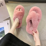 Winter Women House Furry Slippers Fashion Faux Fur Warm Comfortable Women Flats Female Home Slides Black Plush