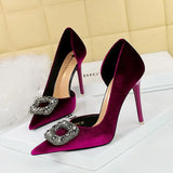 Breakj Banquet High Heels With Thick Suede Tip Side Hollow Out Metal Diamond Buckle Super High