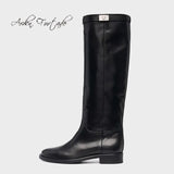 Furtado 2022 spring autumn knee high boots woman Round Toe lower heels Slip on Flat Boots big Circumference Women's