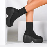 Women's Knitting Chunky Platform Ankle Boots Black Wedges High Heels Sock Boots for Women Plus Size Thick Bottom Gothic