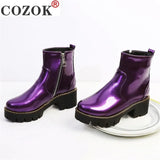 Leather Punk Combat Boots for Women Candy Color Purple Yellow Chunky Thick