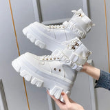 Chunky Platform Ankle Boots Women Black White Thick Bottom Motorcycle Boots Woman Autumn Winter Lace Up Short Booties