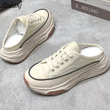 Slippers 2023 Summer New Trend Baotou Half Slippers Outer Wear Versatile Casual Lace Up Canvas Slippers Platform