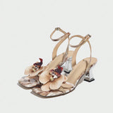 Breakj Tip-Slaught Fine High Heel Sandals Lady Three-Dimensional Flower Decoration After Belt Plating Women's