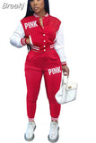 Pink Printed Baseball Coat Pants Two Piece Sets Spring Fall Outfits Womens Track Suits Casual Fashion Streetwear