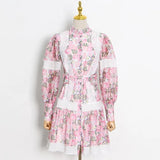 Casual Silm Belted Print Patchwork Dress Female Round Neck Long Sleeve Gathered Waist Dresses For Women Style