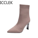 Blade Heels Socks Boots Women Stretch Fabric Elastic Stilettos Heel Pointed Toe Ankle Boots Shoes Woman