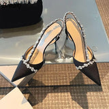 High Heel Women Rhinestones Pointed Toe Single Shoes Wedding Shoes Summer Rear Strap Solid Color Woman