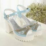 Breakj 2023 Rhinestone Fish Mouth Shoes Platform Platform Korean Version Waterproof Platform High Heel A Word With Thick Heel Sandals Women's