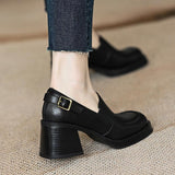 Women's 2025 Spring And Autumn Retro Large Belt Buckle Deep Thick-Sed Thick Heel Round Head Tight With High