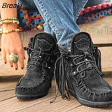 Women Faux Suede Boots Autumn Causal Lace Up Round Toe Female Ankle Boots Vintage Solid Tassel Ladies Cowboy Boots Short