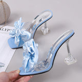 New Fashion Crystal Bow High Heels Slippers Shoes Woman Sexy PVC Transparent Sandals Women Slides Open Toe Pumps Blue