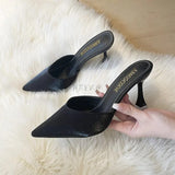 Women High Heels Solid Flock Slippers Mules Pointed Toe Fog Black Slides Women Home Slip On Flip Flops Heels 6CM/9CM Half