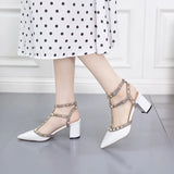 Shoes 21 Summer Sandals Pointed Patent Leather Rivet Buckle Sandals Thick with Heel Wild Thin Ladies Shoes and