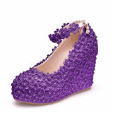 Queen Wedges Wedding Pumps Sweet White Flower Lace Pearl Platform Shoes Bride Dress High