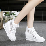 Women Wedge Platform Sneakers Rubber Brogue Leather High heels Lace Up Shoes Pointed Toe Height Increasing Creepers White