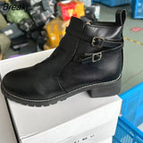 Fashion European Style Black Ankle Boots Flats Round Toe Back Zip Boots PU Leather Woman Shoes With