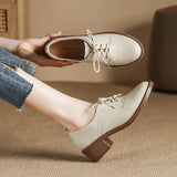 Med-High Heels Oxford Shoes Woman Lace-Up Sneakers Solid Leather Brogues Ladies All Match Loafers Office Dress Flats