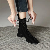 Breakj Lace-Up Short Boots Female Thick With Soft Leather Frosted Autumn Winter New Fashion Retro Simple Square Head In The Heel Martin