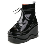 Female Motorcycle Boots Goth Brand Women Motorcycle Boots Round Toe Lace Up Thick Heel Wedges Platform Punk