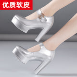 High Heel 12Cm Cheongsam Model Catwalk Shoes Women's Thick Soles Waterproof Platform Silver Round Head Stage Performance Shoes Women's Singles