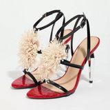 Breakj For The New Round Head Plating Fine High-Heeled Sandals Women's High Heel Lace Shiny Floral