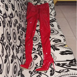 Furtado 2022 Spring Women Pants Boots Shiny Leather Pointed Toe Stilettos Heels Sexy leg Slimming Big Size Women's