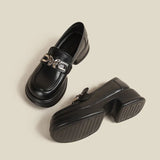 Breakj Women's Platform Casual Shoes British Style Pedal Retro Comfortable Single Shoes Flower Thick Heel Black Leather