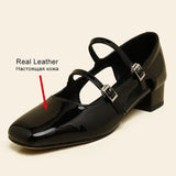 Size 34-39 Women Pumps Genuine Leather Rome Buckle Strap High Heels Shoes For Women Red Chunky Heel Goth Ladies